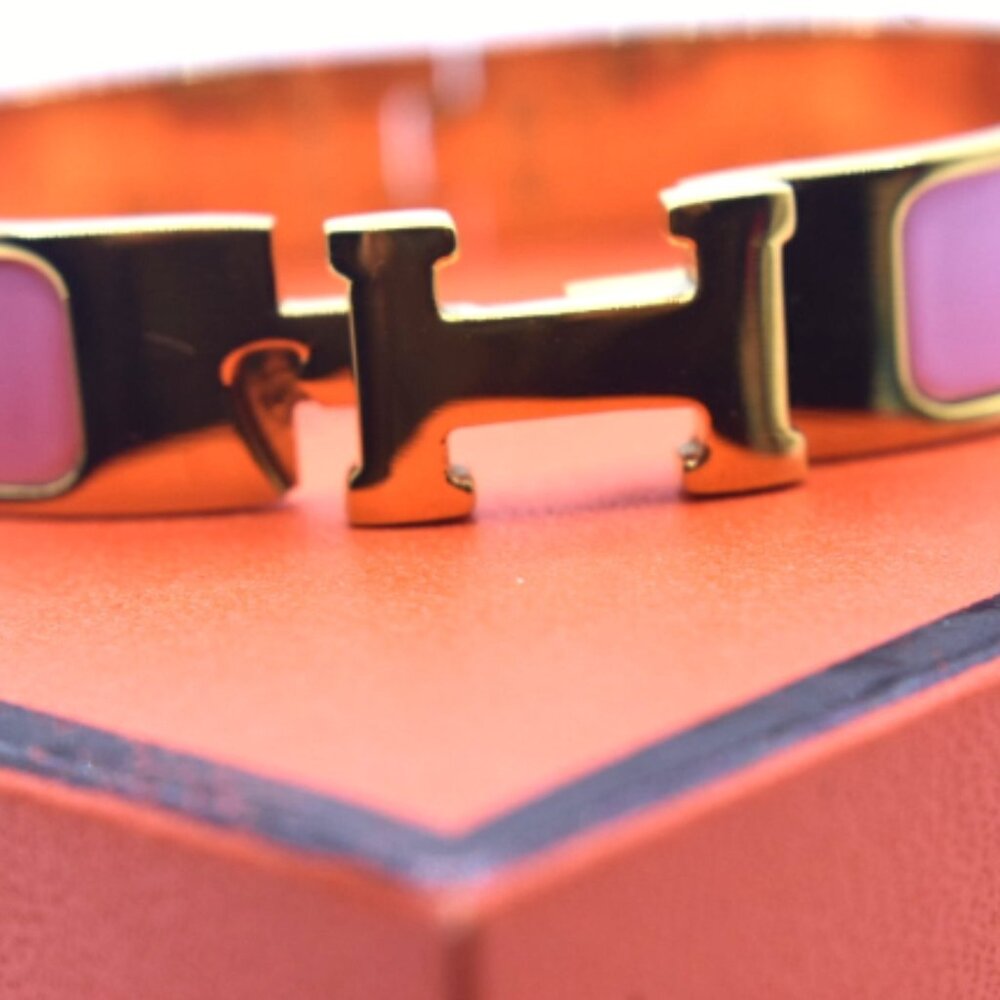 New Hermes Clic H PINK Enamel Silver Bracelet, Box, Shop Bag, Pouch, Receipt